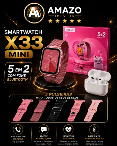 LEIA A DESCRIÇÃO - Smartwatch X33 Mini Feminino Premium com 5 Pulseiras e Fone Bluetooth