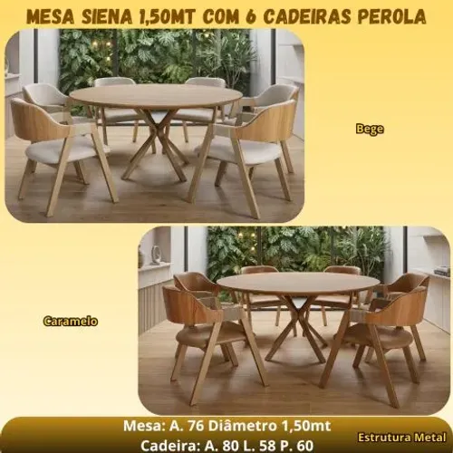 Mesa Siena redonda 1,50m com 6 cadeiras Pérola