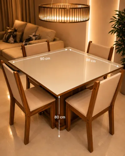 Mesa de Jantar Madesa Quadrada 90x90 com 4 Cadeiras - Tampo de Vidro e Madeira