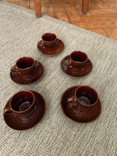 Jogo de xícaras de café marrom - cerâmica vintage - 5 peças