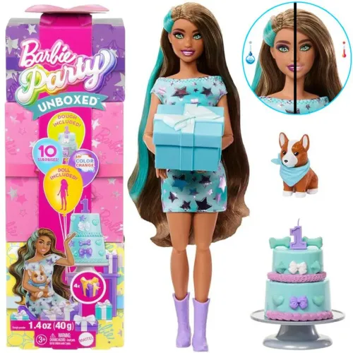 Barbie Reveal Party Unboxed Festa de Pets Estrelas da Festa JFG68 Morena - Lacrada