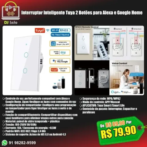 Interruptor Inteligente Tuya 2 Botões para Alexa e Google Home