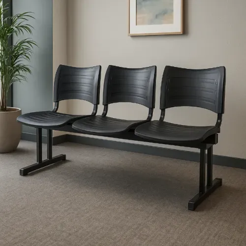 Cadeira Longarina Plástica 3 Lugares Preta Conforto Resistente Modelo - 34200