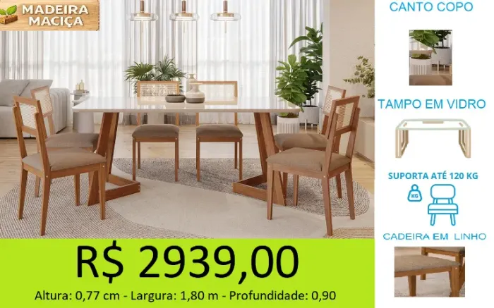 Mesa de jantar com 6 cadeiras novidade tampo em vidro - a pronta entrega