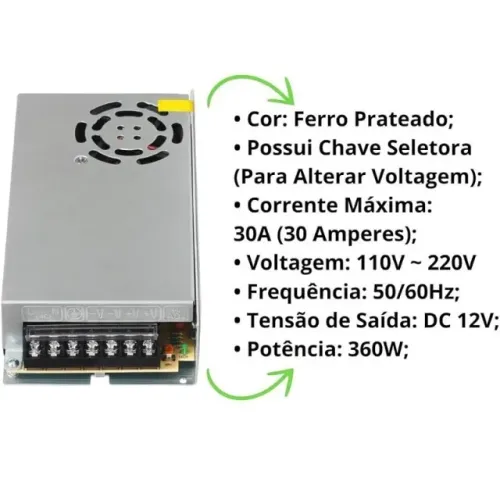 Fonte Chaveada Colméia 12V 30A 360W Bivolt Som Automotivo