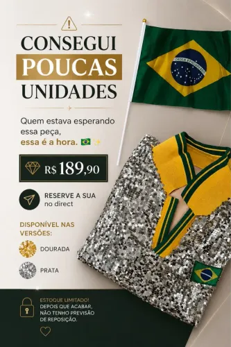 Blusa paetê Brasil feminina prata/dourada - nova