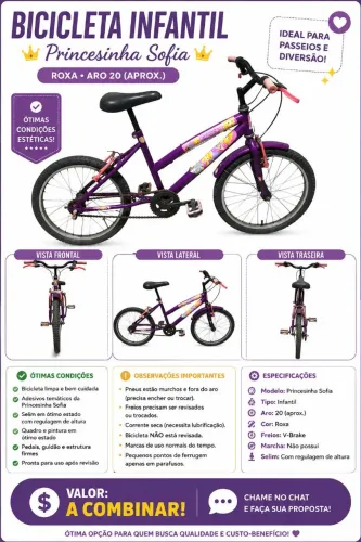Bicicleta Infantil Princesinha Sofia Roxa - Valor negociável 
