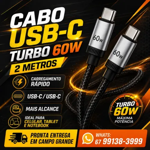 Cabo USB-C para USB-C 2 Metros 60W Turbo Carregamento Rápido, Cabo Tipo C Reforçado Ultra