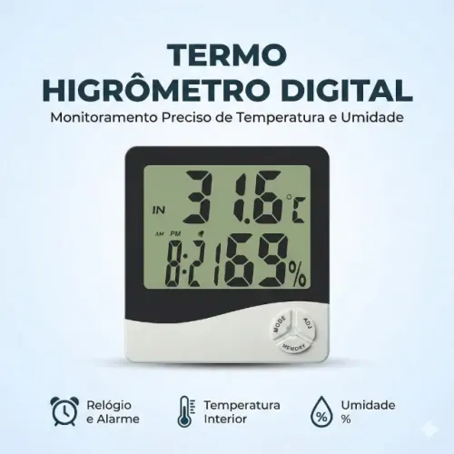 Higrômetro Digital LCD com Relógio e Alarme Exibição em LCD