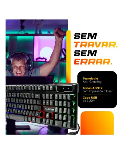 Teclado Gamer Rezzet Bahrein Semi-Mecânico QWERTY Português Brasil Com RGB e Fio Preto.