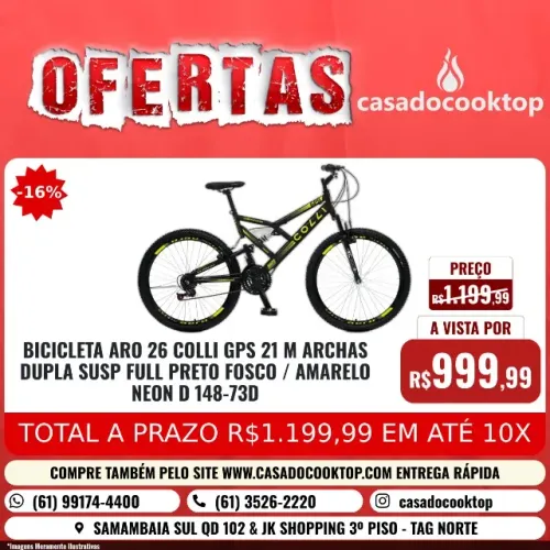 BICICLETA ARO 26 COLLI GPS 21 MARCHAS DUPLA SUSP. FULL PRETO FOSCO/AMARELO NEON D 148-73D