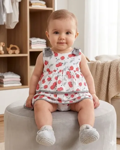 Vestido em Tricoline com Body e Estampa de Cerejas - Branco Anjos Baby