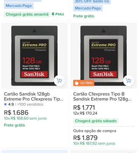 Cartão SanDisk 128gb CFexpress
