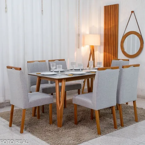 Mesa de Jantar Siena 160x90 Vidro Off/Base Madeira -+ 6 Cadeiras