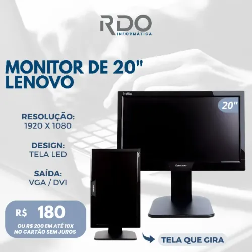 Monitor Lenovo 20" Full HD 1920x1080 LED VGA/DVI Giratório - Monitor de qualidade Barato!