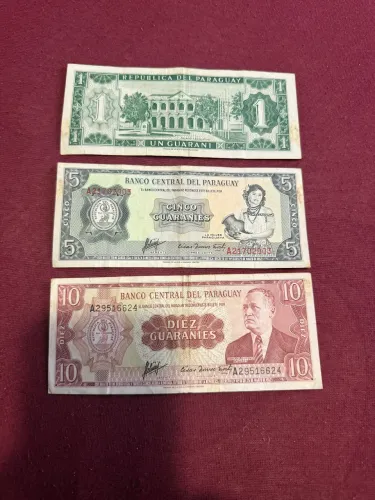 Cédulas antigas do Paraguai - 1, 5 e 10 Guaranis - Colecionador