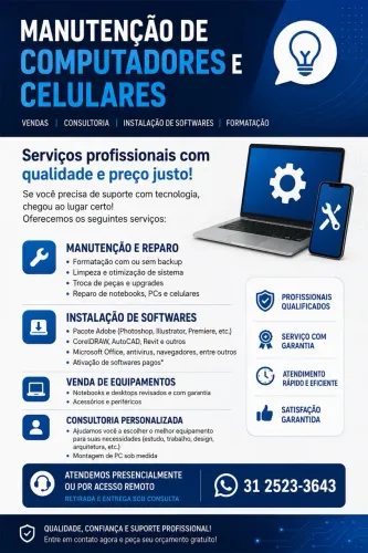 Manutenção de Computadores e Celulares | Vendas | Consultoria | Instalação de Softwares
