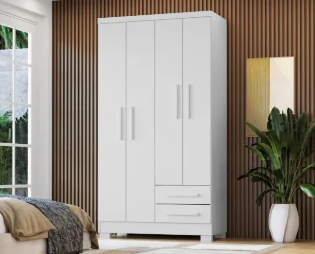 GUARDA-ROUPA 4 PORTAS - 2 Gavetas + Cabideiro - 90cm L x 190cm A x 42cm P - Compacto Amplo