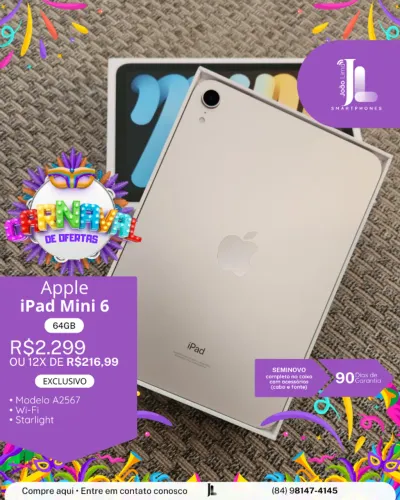 IPAD MINI 6, 64GB, STARLIGHT, NA CAIXA, SEMINOVO, EXCLUSIVO!