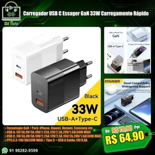 Carregador USB C Essager GaN 33W Carregamento Rápido