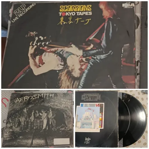 3 álbuns clássicos do rock, Scorpions, Aerosmith, Led Zeppelin.