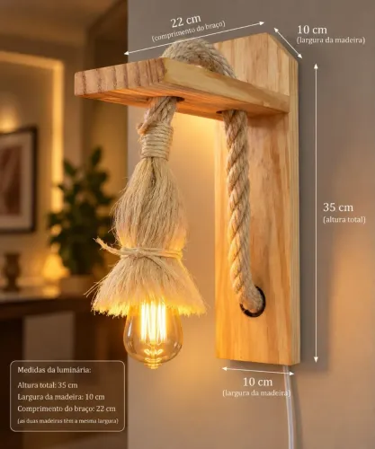 Arandela luminária rústica madeira e sisal envernizado.