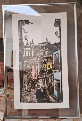 QUADRO XILOGRAVURA OURO PRETO MG - 76 CM X 49CM - EM OTIMO ESTADO