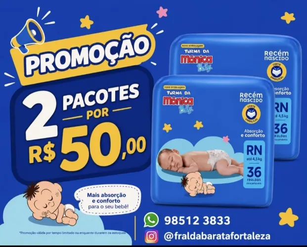 Promoção Fraldas Turma da Mônica RN P M G - 2 Pacotes por 50,00