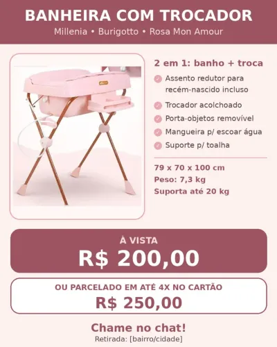 Banheira Millenia Burigotto com Trocador - Rosa Mon Amour