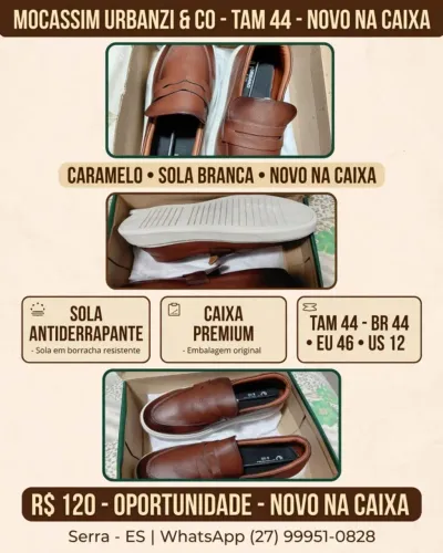 Mocassim Masculino Urbanzi & Co Tam 44 Novo na Caixa Caramelo Sola Branca