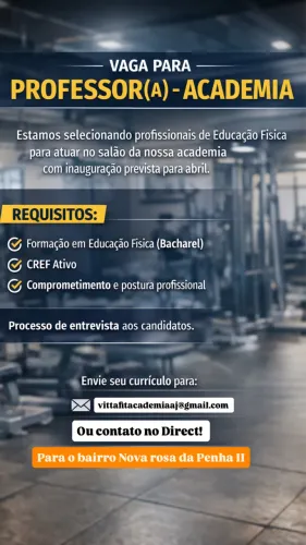 OPORTUNIDADE VAGA PROFESSOR DE ACADEMIA 