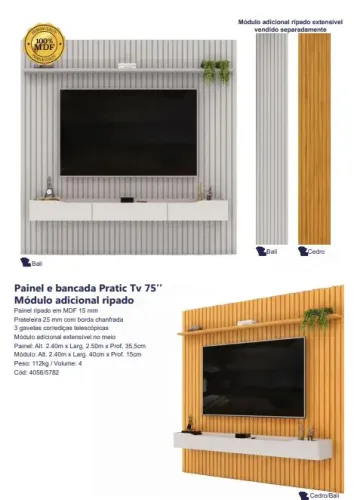 Painel Ripado com Bancada Pratic MDF 2.50cm