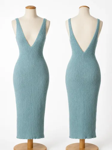 Vestido Midi em Tricot Azul Serenity Decote Profundo