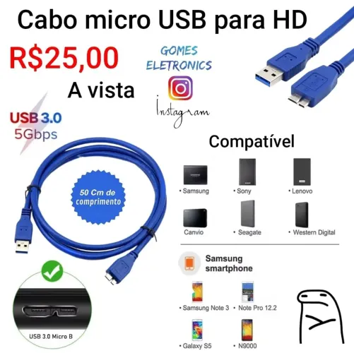 Cabo USB Tipo B para HD ou celular- modelo 3.0 USB micro-b 3. 5gbps R$25,00
