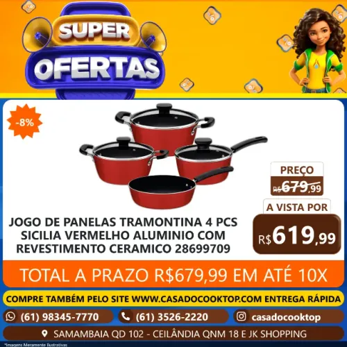 JOGO DE PANELAS TRAMONTINA 4 PCS SICILIA VERMELHO ALUMINIO COM REVESTIMENTO CERAMICO 28699