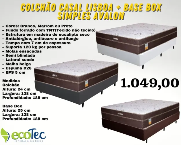 Colchão Casal Lisboa - Base Box Simples Avalon - R$ 1.049,00 - ENTREGA HOJE !!!
