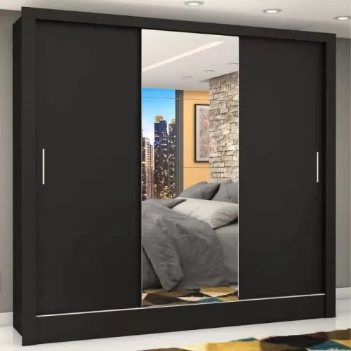 Frete grátis para diversos bairros!!Guarda-Roupa 3 Portas de Correr Preto com Espelho