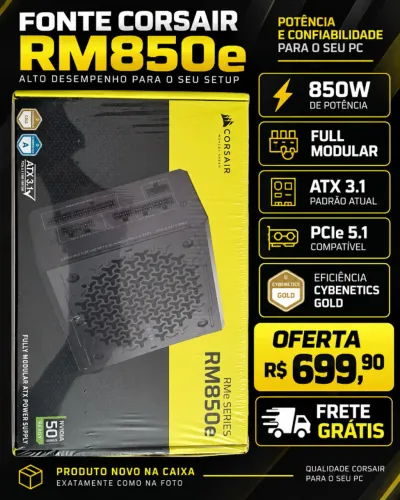 Fonte Corsair RM850e 850W ATX 3.1 Full Modular - Nova na Caixa