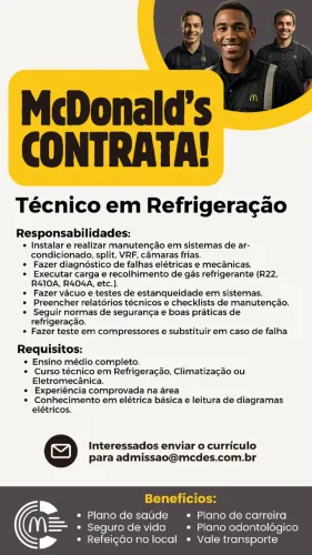 Vagas abertas para Técnicos em Refrigeração 
