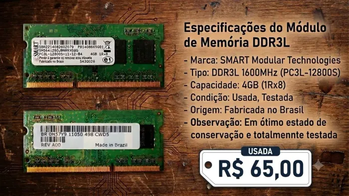 BAIXOU !!! Memória RAM Notebook SMART 4GB DDR3L 1600MHz PC3L-12800S (Usada)