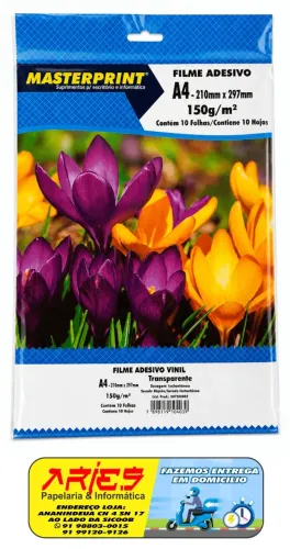 FILME ADESIVO VINIL TRANSPARENTE A4 150G 10 FOLHAS MASTERPRINT