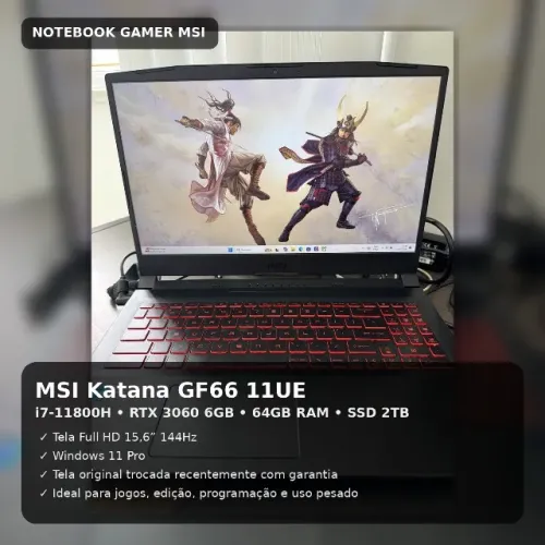 Notebook Gamer MSI Katana GF66 i7 RTX 3060 64GB SSD 2TB 144Hz