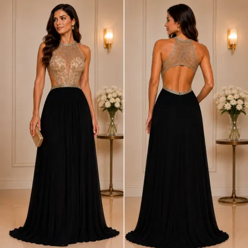 Vestido de festa bordado nude/preto