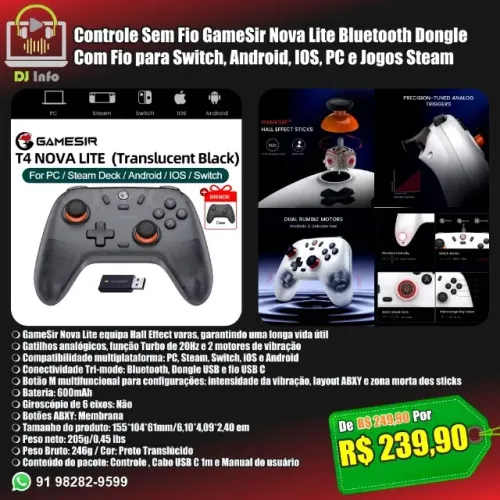 Controle Sem Fio GameSir Nova Lite Bluetooth Dongle Switch Android IOS PC
