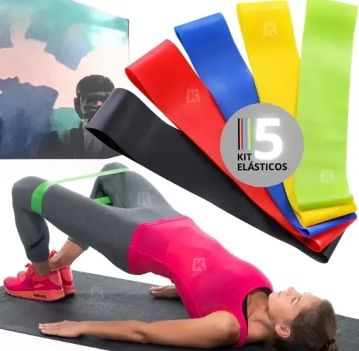 Kit com 5 elásticos minibands ginástica fisioterapia treino  