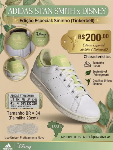 Tênis Adidas Stan Smith Disney Sininho Original (Tamanho 34)