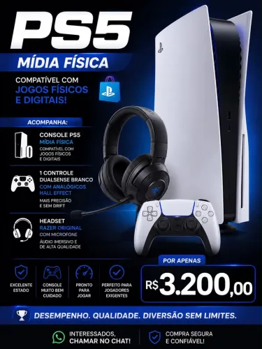 PS5 Mídia Física + Controle Hall Effect + Headset Razer | R$ 3.200