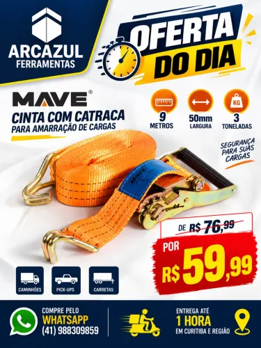 Cinta com Catraca para Amarração de Cargas 9 Metros x 50mm 3 Toneladas Mave Laranja 
