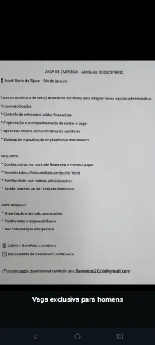 Auxiliar de escritório - contas a pagar. Enviar currículo: barratop2026@gmail.com