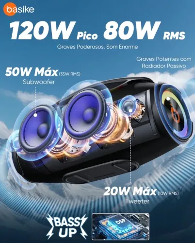 Basike Caixa de Som Boombox Plus 80W 8000mh
